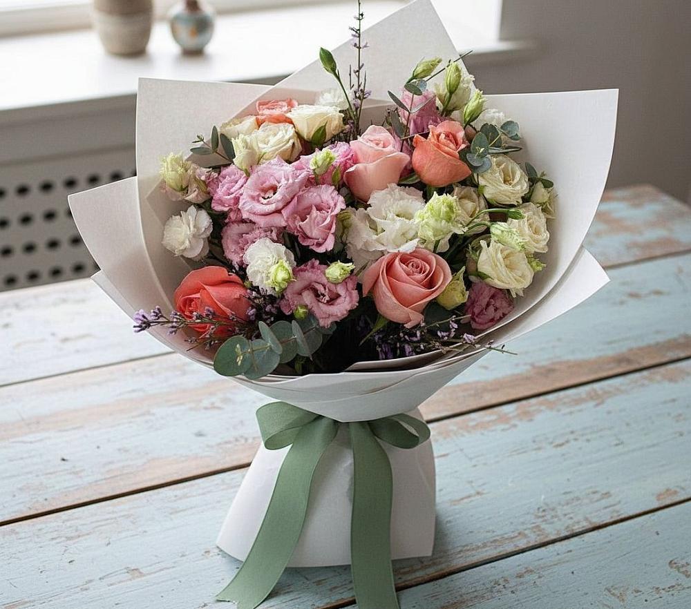 Букет цветов из: Розы, Лизиантусы и Гвоздики в Усть-Уде